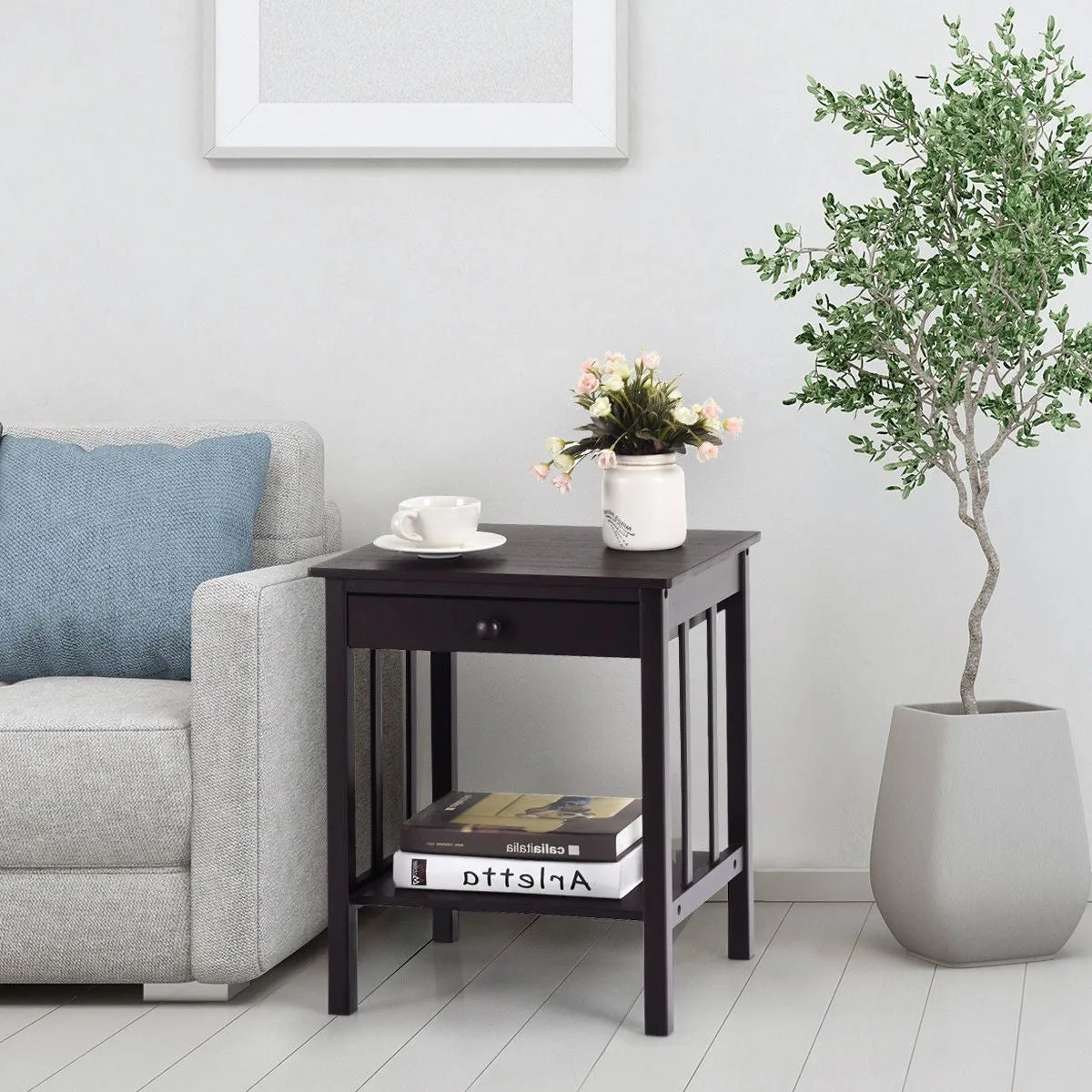 Classic Black Wood 1-Drawer End Table Nightstand Side Table