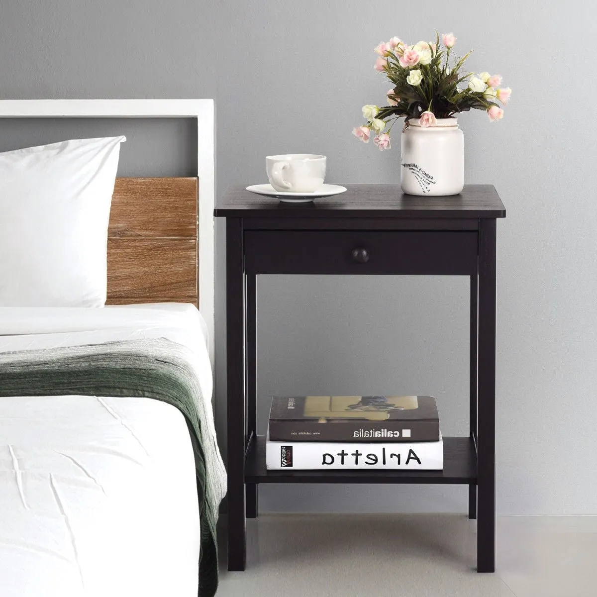 Classic Black Wood 1-Drawer End Table Nightstand Side Table