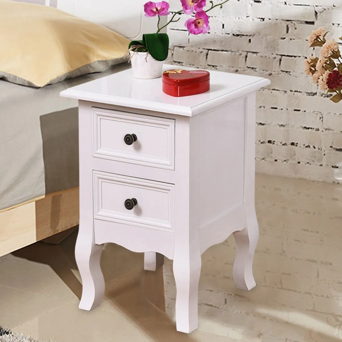 Classic Wooden White 1-Drawer Open Shelf End Table Nightstand
