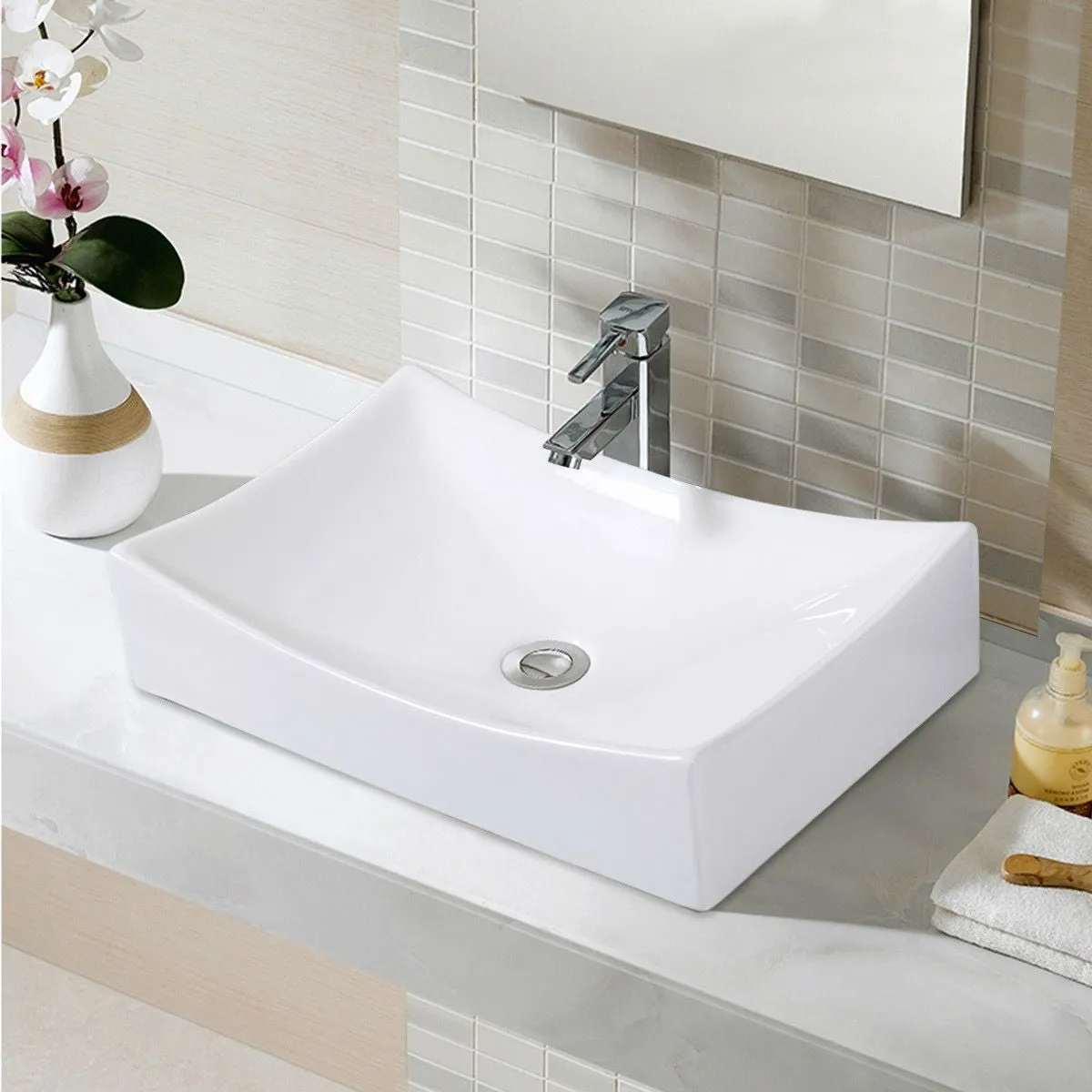 Contemporary 21-inch Bathroom Ceramic Vessel Sink Rectangular White