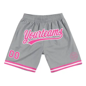 Custom Gray Pink-White Authentic Throwback Basketball Shorts