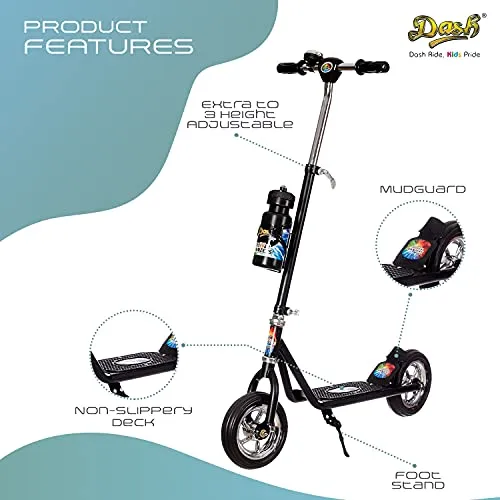 Dash Power Ranger 2 Wheel Scooter for Kids with Sipper, Bell, Stand and Adjustable Height Upto 12 Years Kids (Capacity 60 kg, Black)