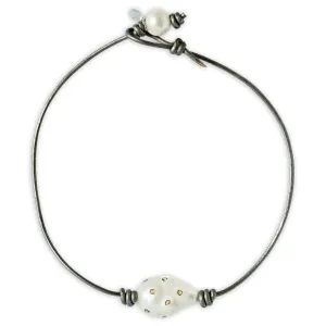 Diamond Baroque Pearl and Leather Choker