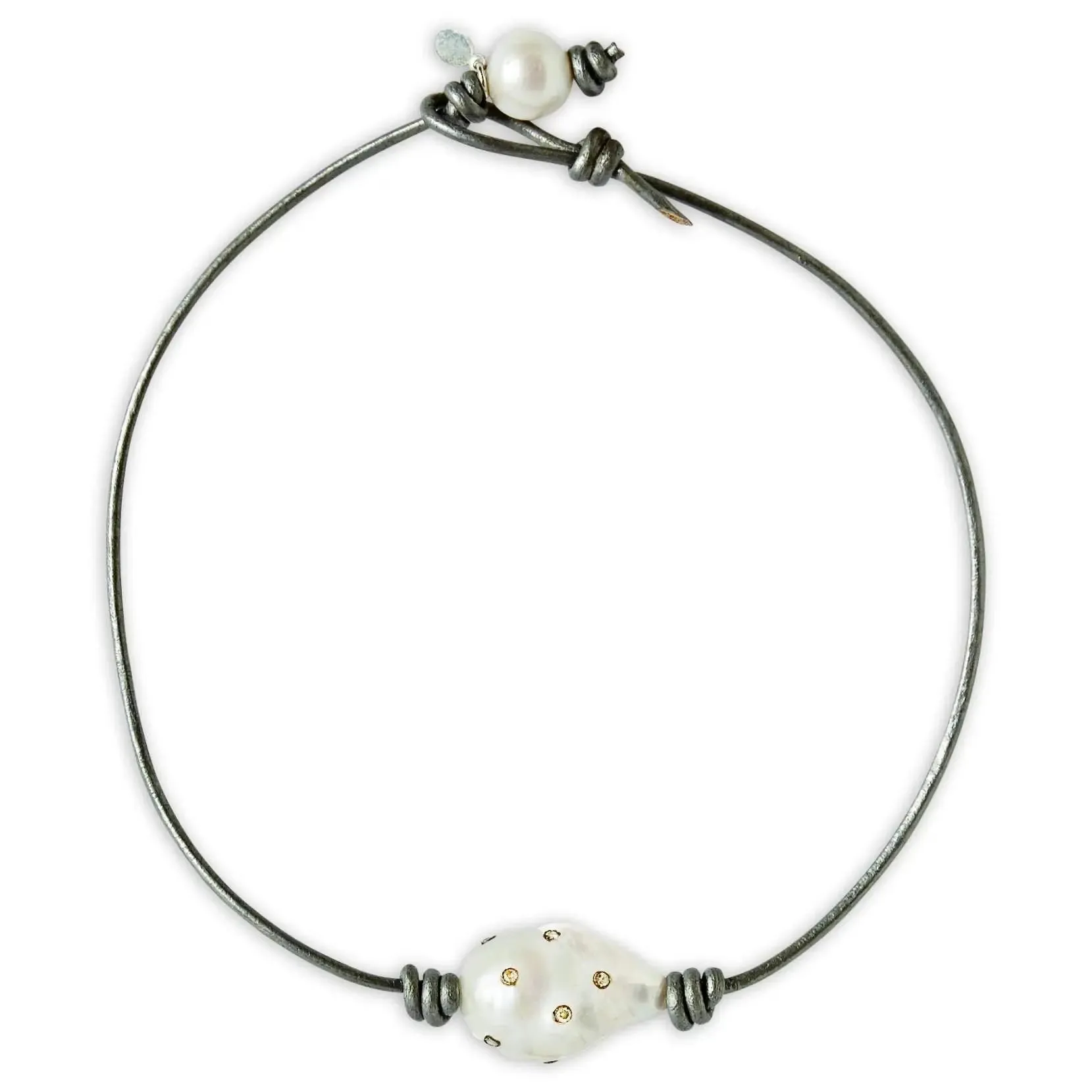 Diamond Baroque Pearl and Leather Choker