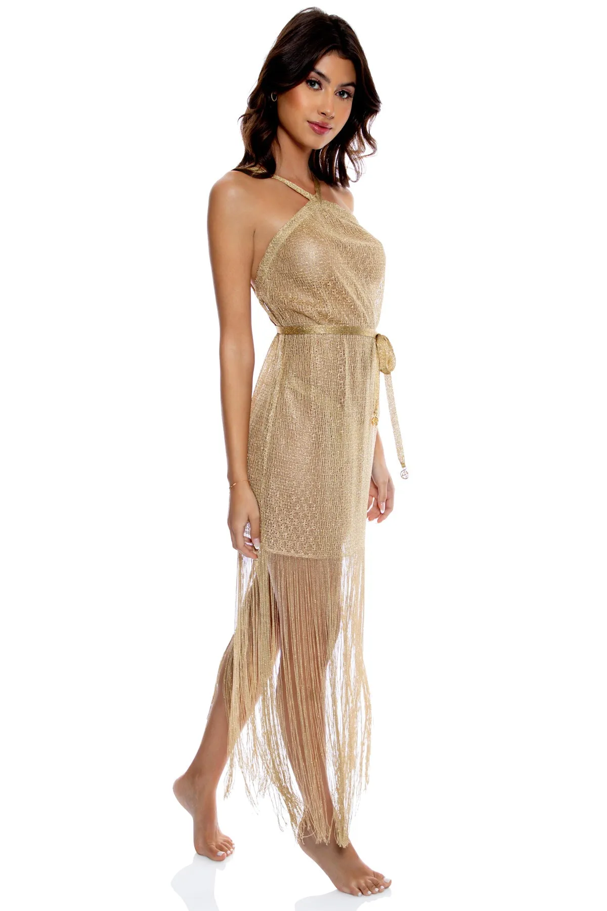 DORADA - Cross Halter Long Fringe Dress • Gold Rush