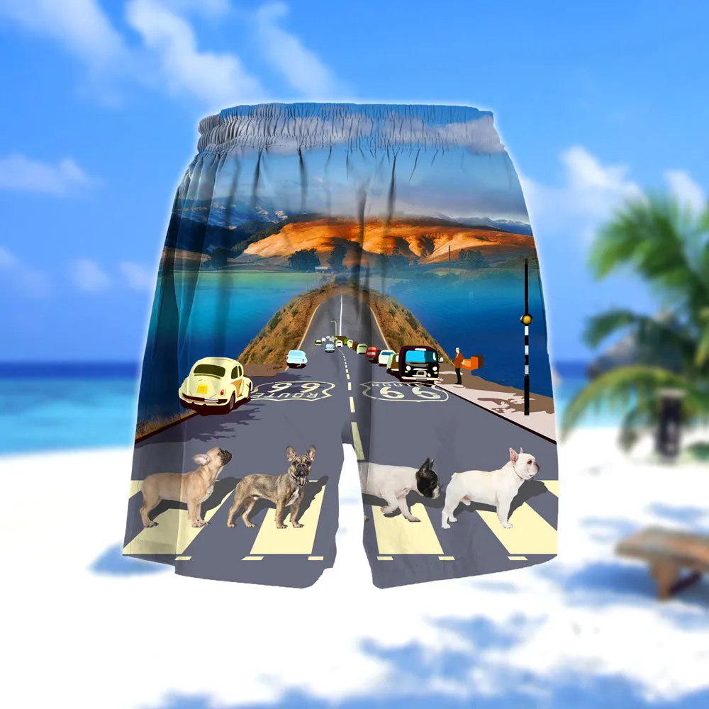 French Bulldog Cross the road- Men Hawaii Beach Shorts