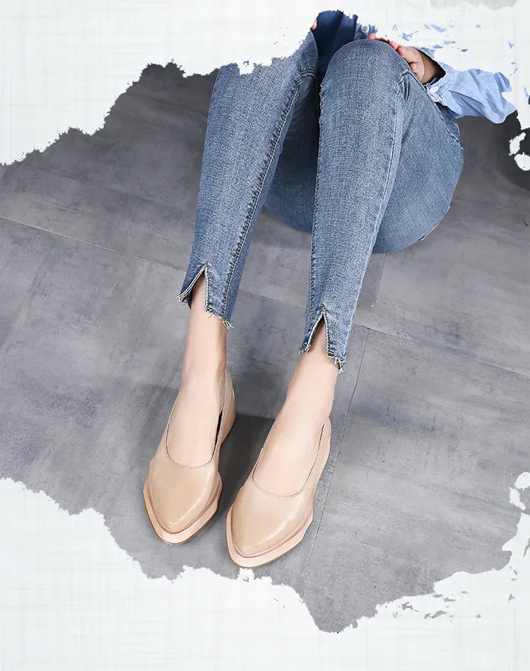 Genuine Leather Women Pumps Pointed Toe Low Heel Shoes Black Lazy Shoes Retro Women Pumps Handmade Women Wedge Shoes