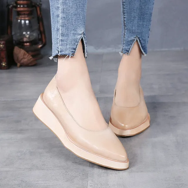 Genuine Leather Women Pumps Pointed Toe Low Heel Shoes Black Lazy Shoes Retro Women Pumps Handmade Women Wedge Shoes