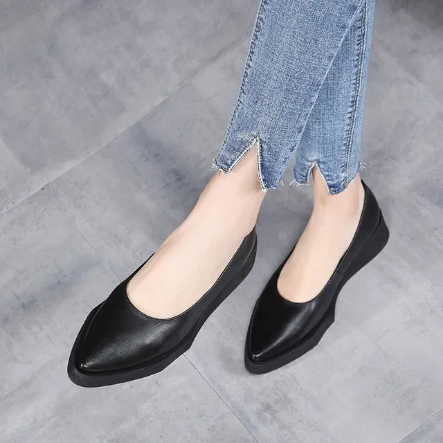 Genuine Leather Women Pumps Pointed Toe Low Heel Shoes Black Lazy Shoes Retro Women Pumps Handmade Women Wedge Shoes