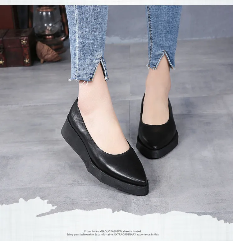 Genuine Leather Women Pumps Pointed Toe Low Heel Shoes Black Lazy Shoes Retro Women Pumps Handmade Women Wedge Shoes
