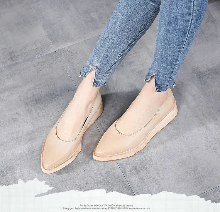 Genuine Leather Women Pumps Pointed Toe Low Heel Shoes Black Lazy Shoes Retro Women Pumps Handmade Women Wedge Shoes