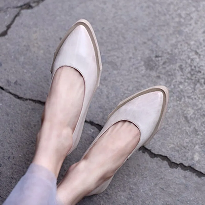 Genuine Leather Women Pumps Pointed Toe Low Heel Shoes Black Lazy Shoes Retro Women Pumps Handmade Women Wedge Shoes