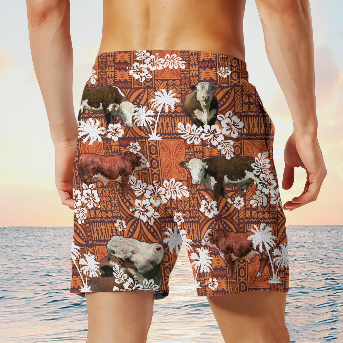 hereford cow In Red Tribal Shorts