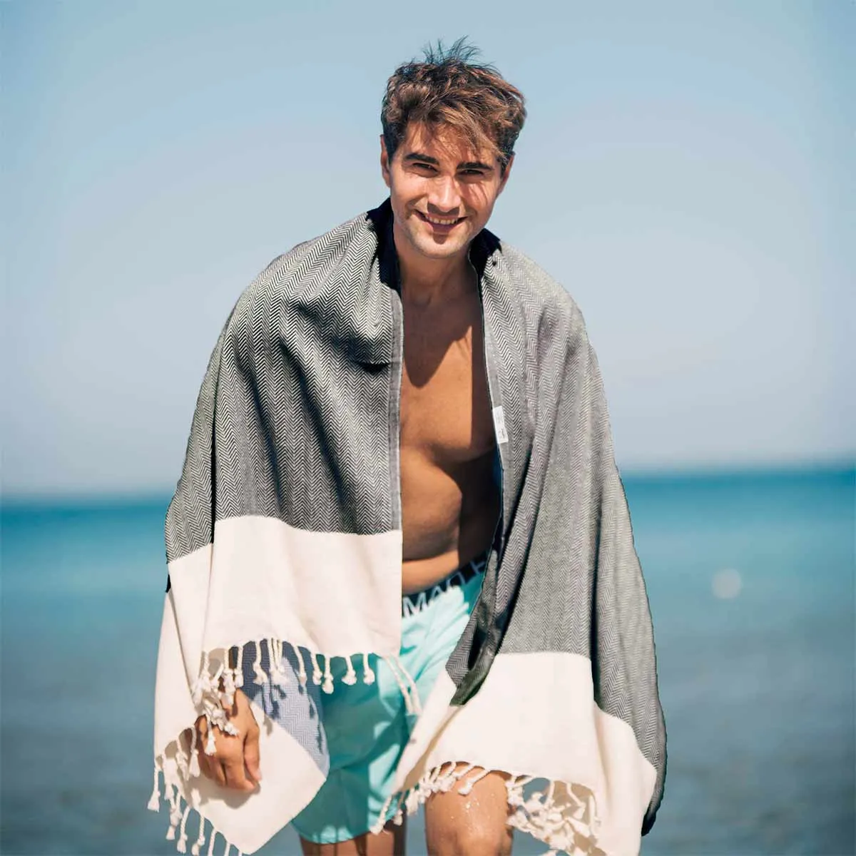 Herringbone Turkish Towel & Peshtemal Beach Towel - Black