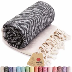 Herringbone Turkish Towel & Peshtemal Beach Towel - Black