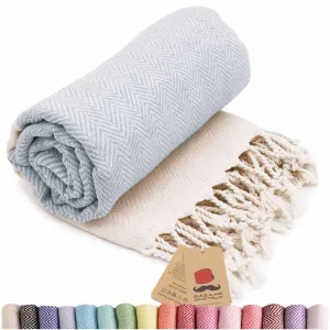 Herringbone Turkish Towel & Peshtemal Beach Towel - Light Blue