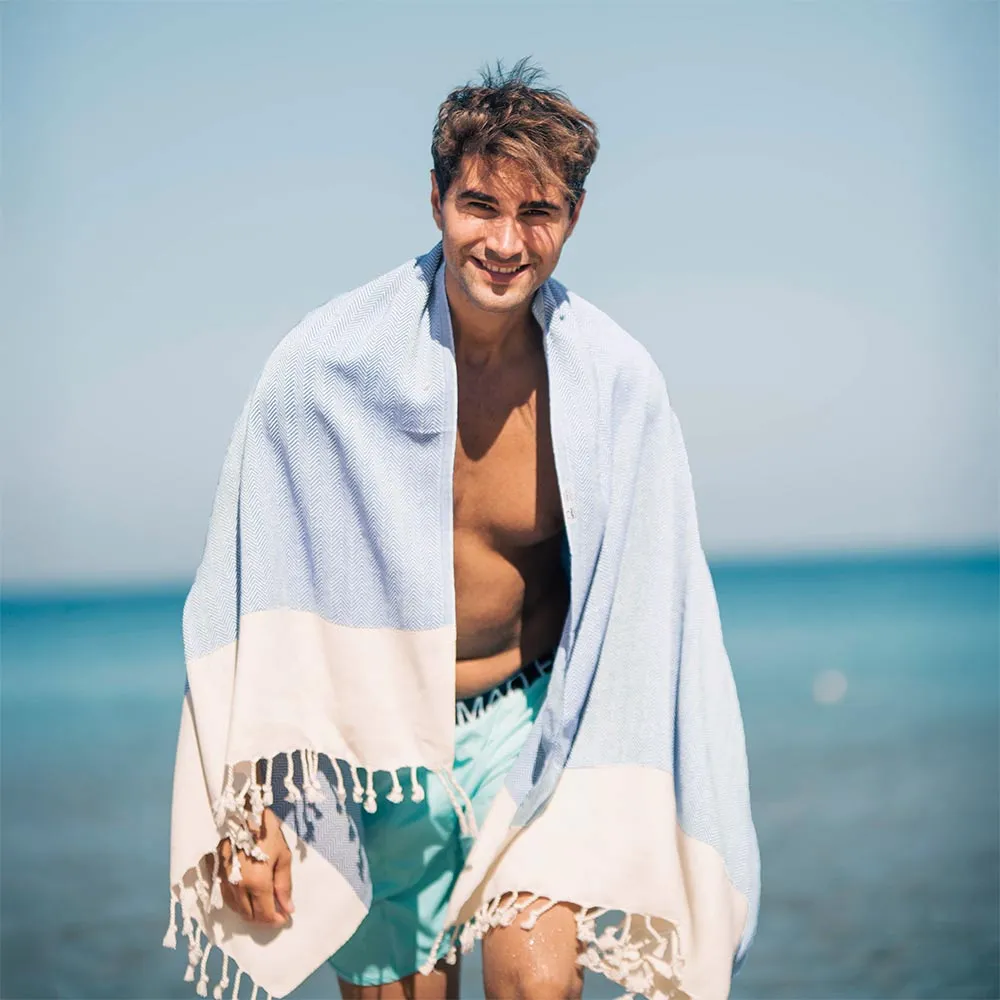 Herringbone Turkish Towel & Peshtemal Beach Towel - Light Blue