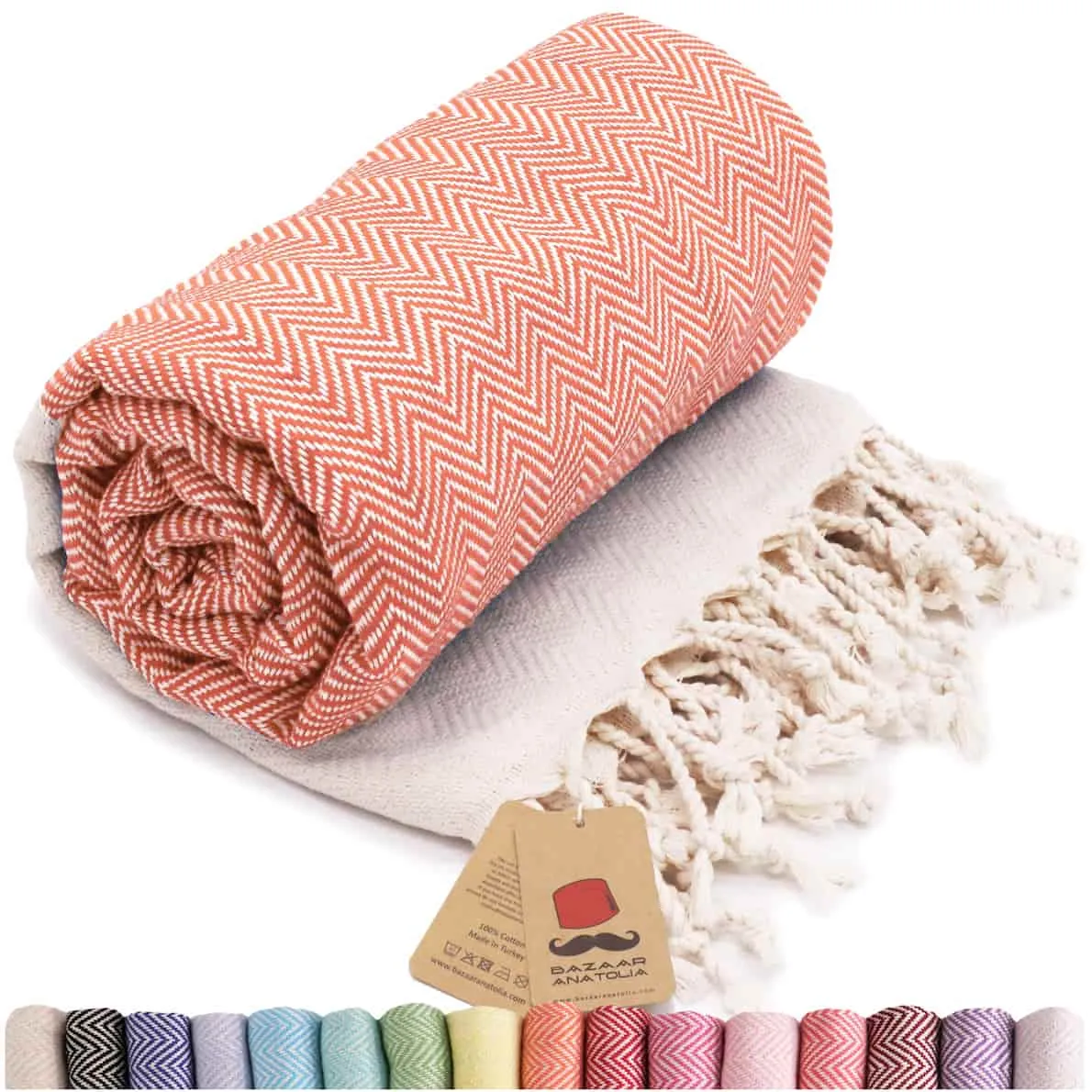Herringbone Turkish Towel & Peshtemal Beach Towel - Orange