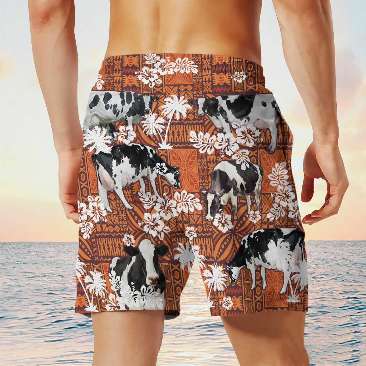 holstein cow In Red Tribal Shorts