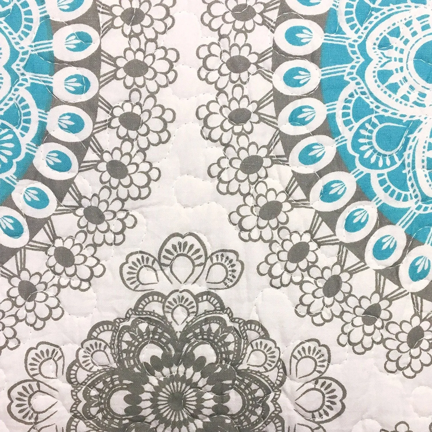 King size 3-Piece Cotton Quit Set in Aqua Blue White and Grey Floral Pattern
