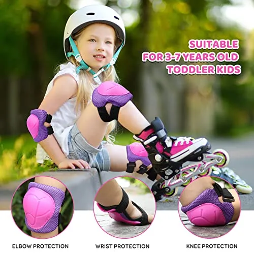 KUYOU Kids Knee Pads and Elbow Pads Set Ages 3-7 Toddler 6 in 1 Protective Gear Set Safety Gear for Roller Skates Cycling BMX Bike Skateboard Inline Skatings Scooter Riding Sports for Boys Girls