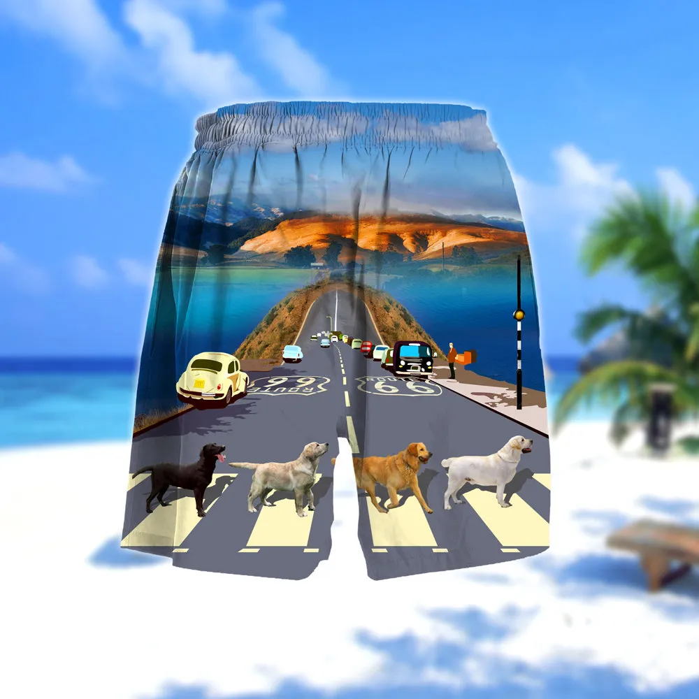Labrador Cross the road- Men Hawaii Beach Shorts2