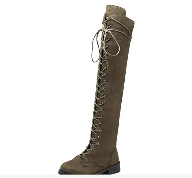 Lace Up Over Knee Flat Square Heel Rubber Flock Boots