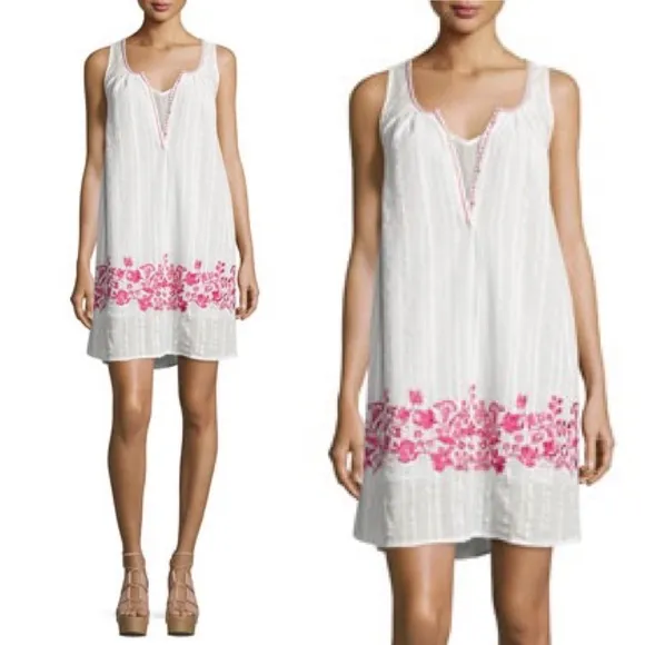 Love Sam Alison Floral Embroidered Shift Dress Ivory Fuchsia