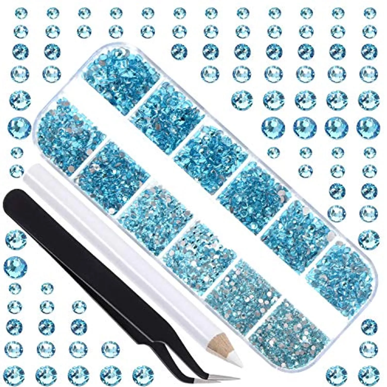 LPBeads 3456 Pieces 6 Sizes Aquamarine Flat Back Round Crystal Rhinestones for Crafts Nails Art Face Makeup Clothes DIY with Pick Up Tweezers and Picking Pen