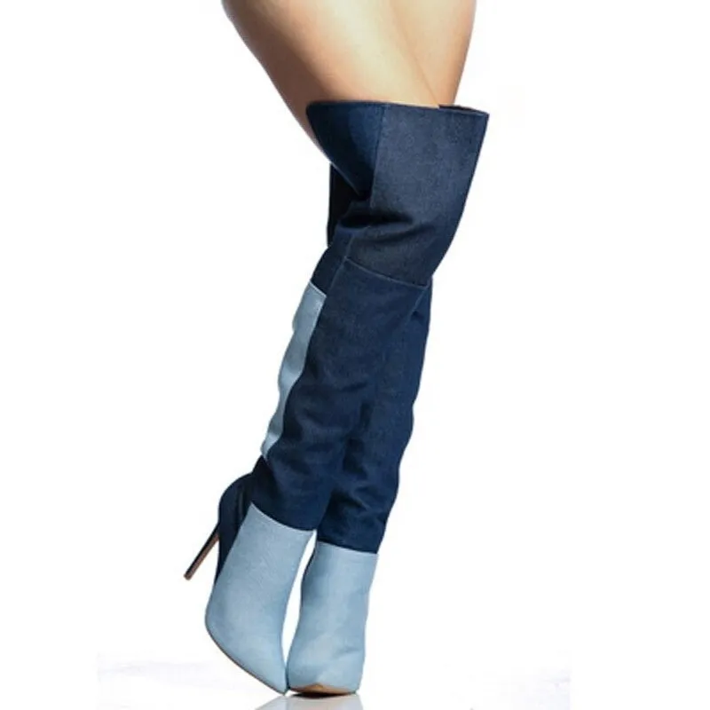 Mixed Color Women Over The Knee Denim Boots High Heels Party Shoes