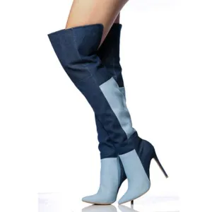 Mixed Color Women Over The Knee Denim Boots High Heels Party Shoes