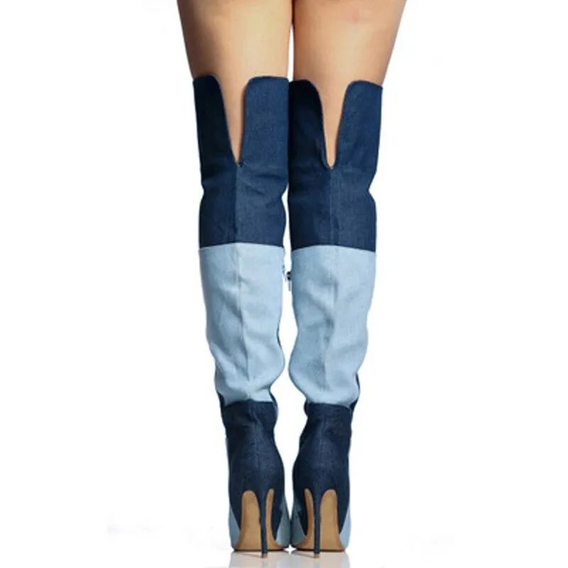 Mixed Color Women Over The Knee Denim Boots High Heels Party Shoes