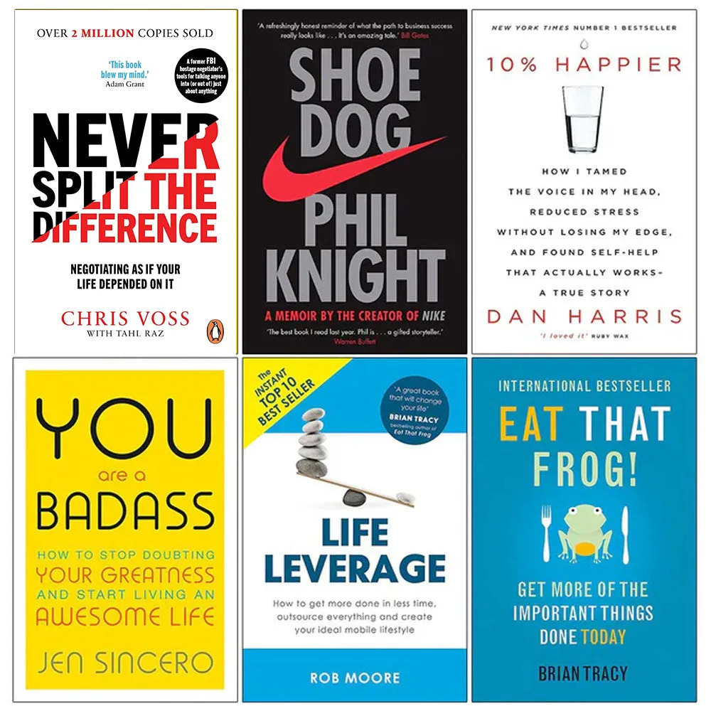 Never Split the Difference, Shoe Dog, 10% Happier, You Are a Badass, Life Leverage, Eat That Frog 6 Books Collection Set