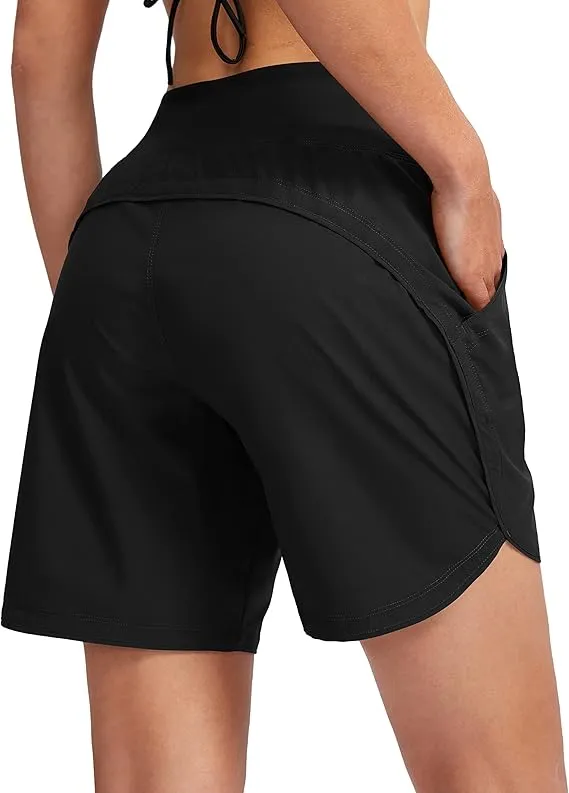 NEW G Gradual Women's 7" Quick Dry Swim Board Shorts Swimming Bottoms High Waisted Beach Shorts for Women with Liner Pockets, Black, Sz 2XL