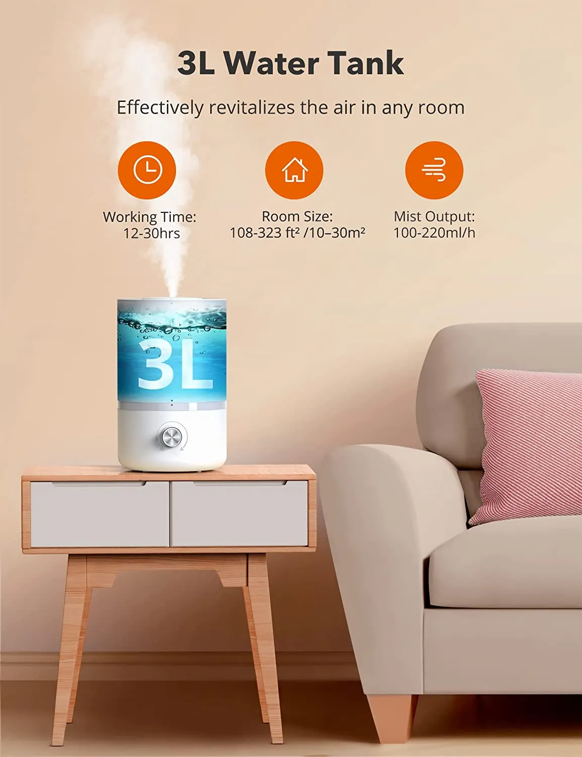 New in box! Taotronics 3L Cool Mist Humidifier Top Fill Humidifier with Essential Oil Tray for Large Rooms! WHITE!