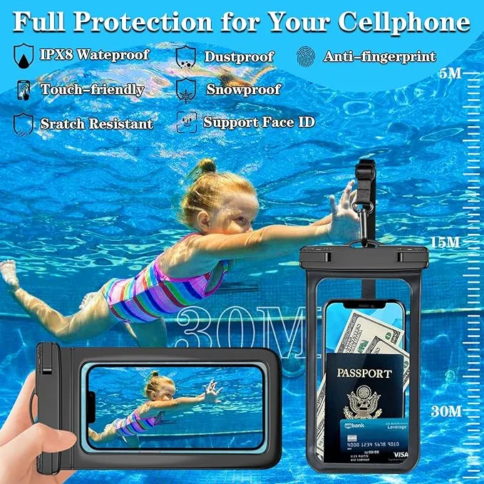 New Universal IPX8 Waterproof Anti Sinking Phone Case Water Proof Bag With Lanyard Fits All Phones Up To 7.5in, also can be used as dry bag for keys, cash, cards etc! Great for Protection & taking underwater pics! Clear