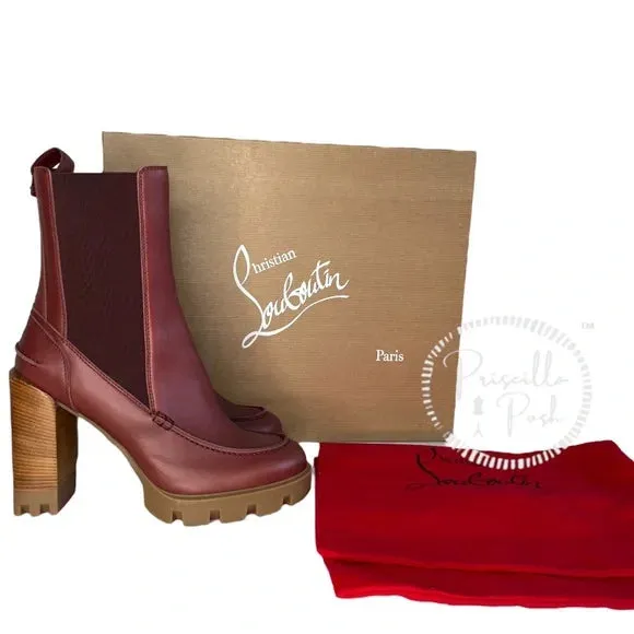 NWB Christian Louboutin Glory Leather Red Sole Chelsea Booties Chestnut Brown 40