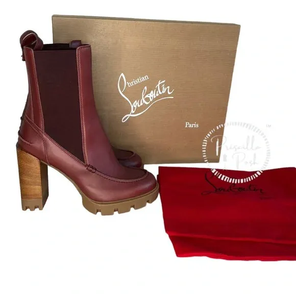 NWB Christian Louboutin Glory Leather Red Sole Chelsea Booties Chestnut Brown 40