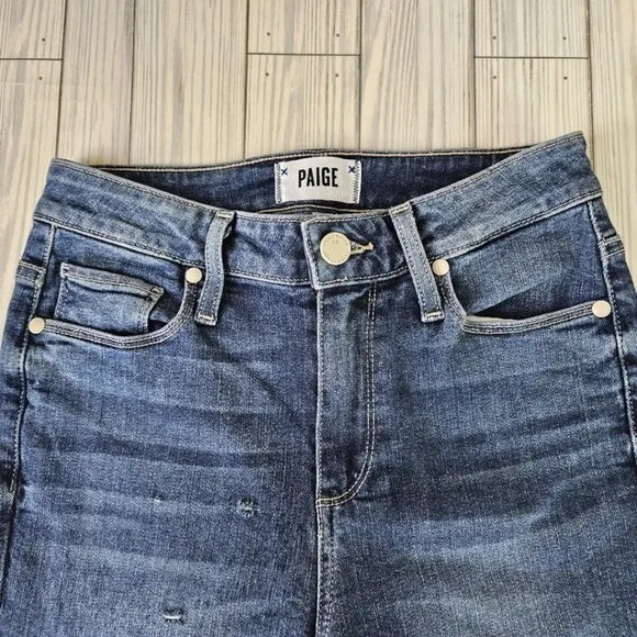 PAIGE Denim Hoxton Straight Cropped Ankle Jeans in Distressed Norfolk Blue Sz 25