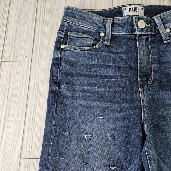 PAIGE Denim Hoxton Straight Cropped Ankle Jeans in Distressed Norfolk Blue Sz 25