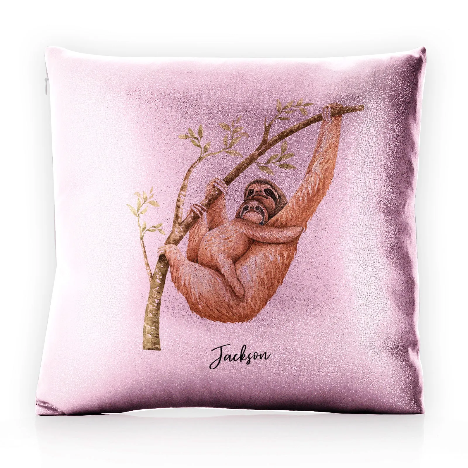 Personalised Glitter Cushion with Welcoming Text and Climbing Mum and Baby Sloths