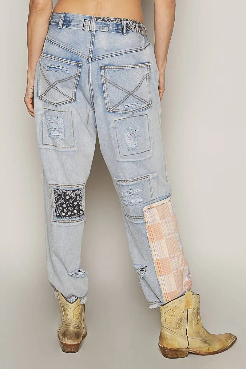 POL Clothing Patch Work Detail Ankle Length Denim Pants