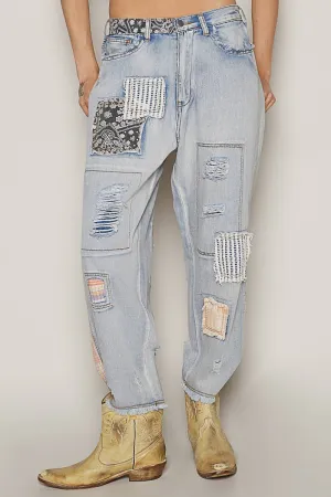 POL Clothing Patch Work Detail Ankle Length Denim Pants