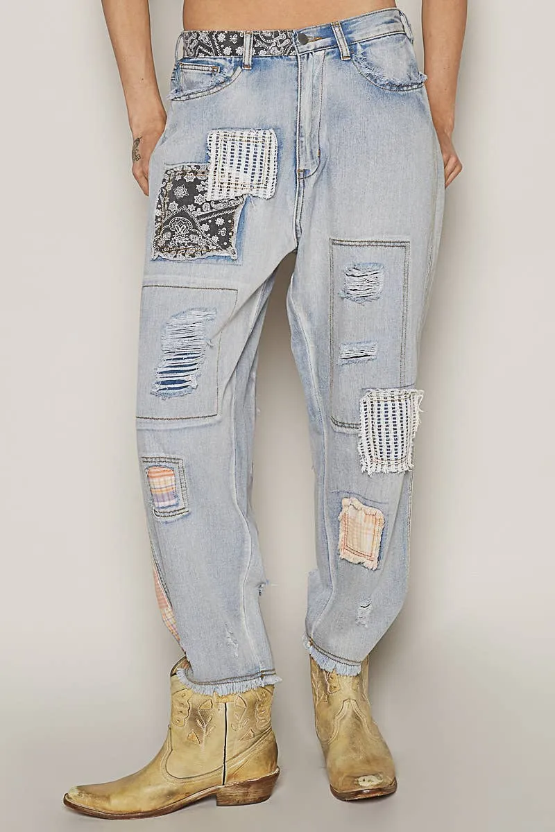 POL Clothing Patch Work Detail Ankle Length Denim Pants
