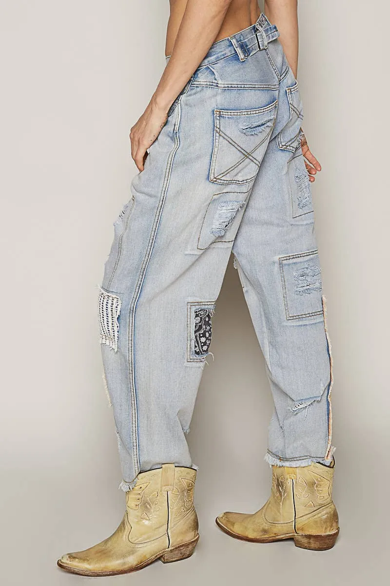 POL Clothing Patch Work Detail Ankle Length Denim Pants