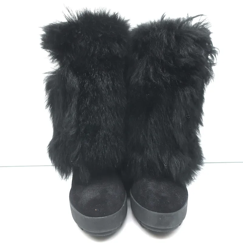 Prada Linea Rossa Fold-Over Shearling Boots Black Suede Size 35