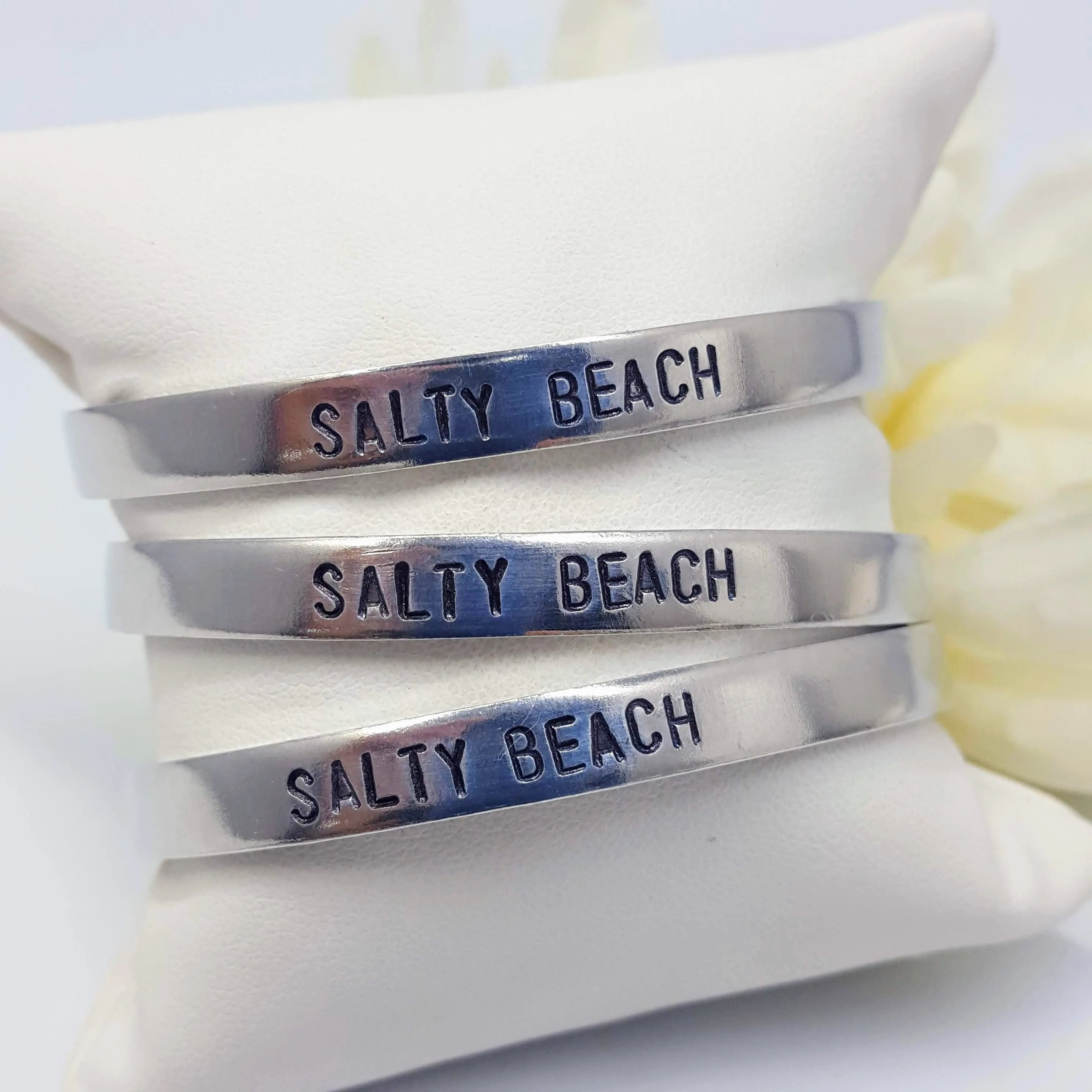 "Salty Beach!" - Cuff Bracelet - Hand-stamped, Non-Tarnishing Aluminum