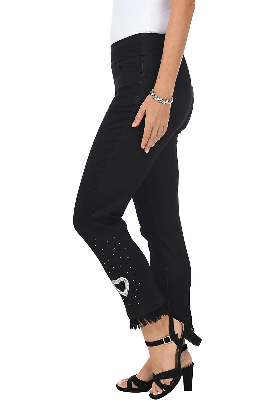 Rhinestone Heart Frayed Denim Ankle Pant