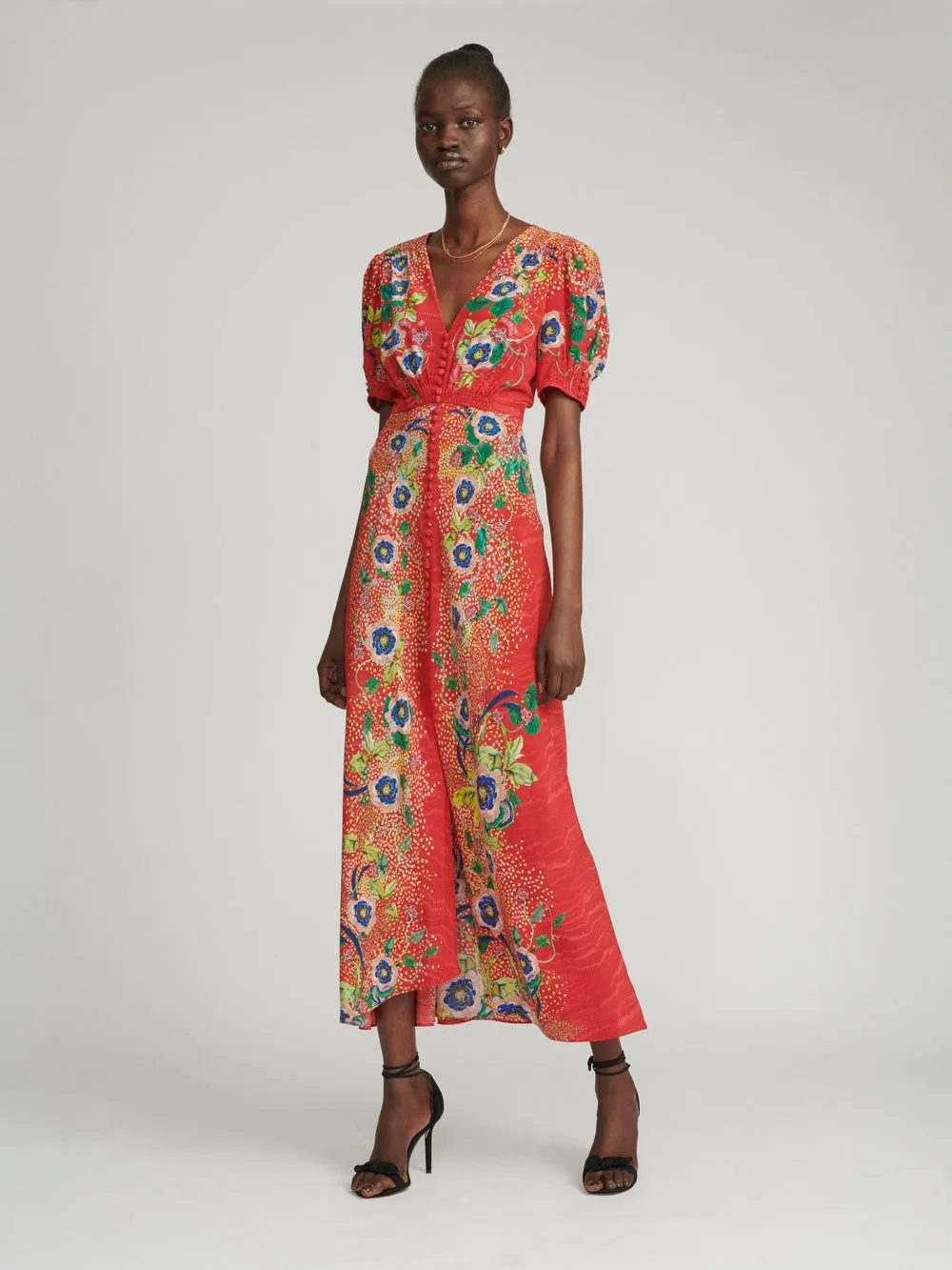 Saloni Lea Long Dress In Climbing Dianthus Print
