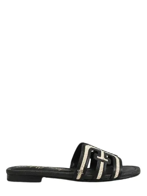 Sam Edelman Bay Multi Slide Sandal in Black Linen Faux Rafia